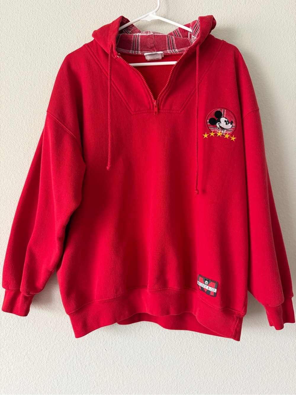 Vintage Mickey & Co Mouse Hoodie Sz M Red Plaid Lined Disney 90s Embroidered